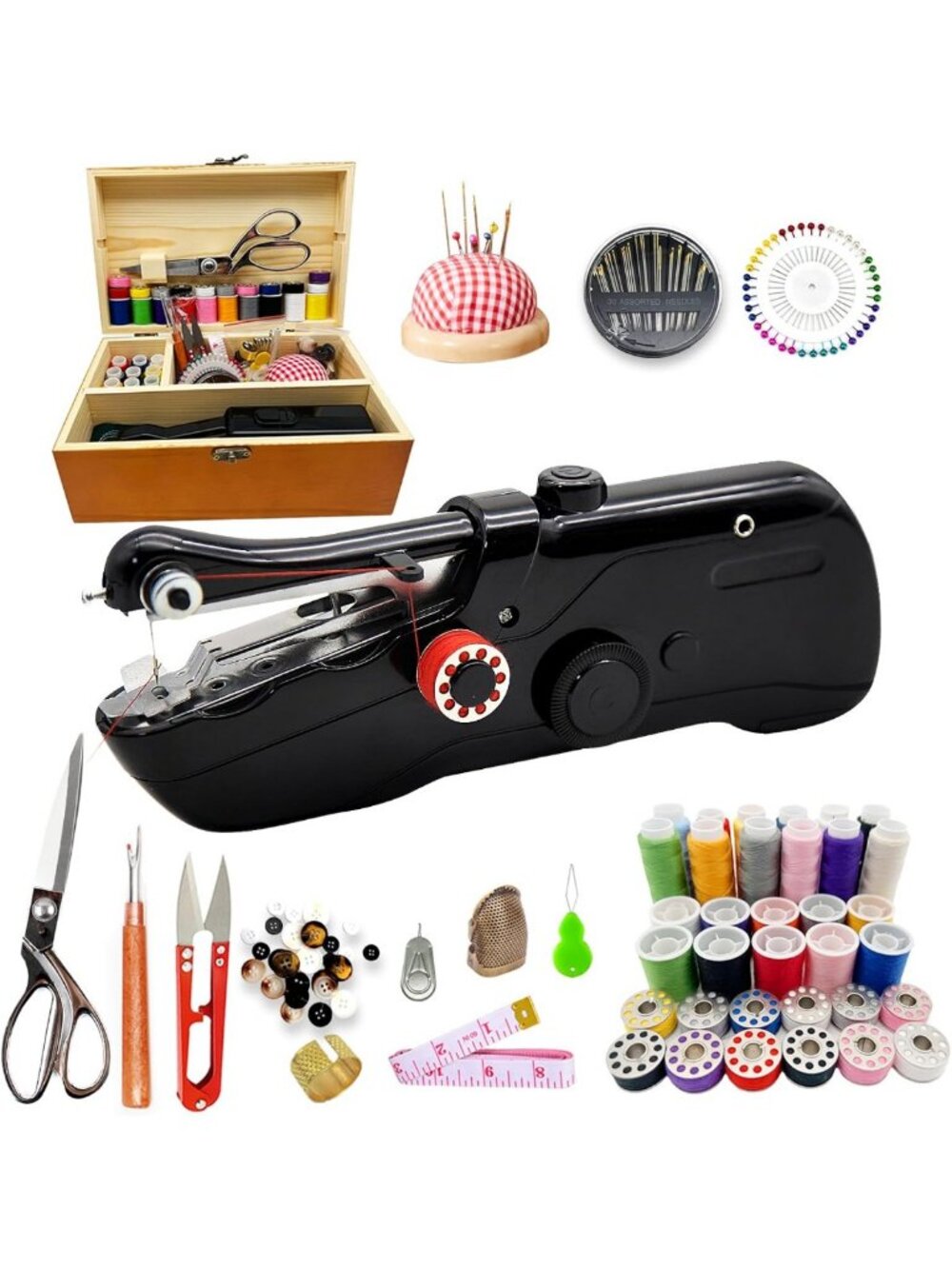 Handheld Sewing Machine with Exquisite Wooden Storage Box & 142-Piece Sewing Kit